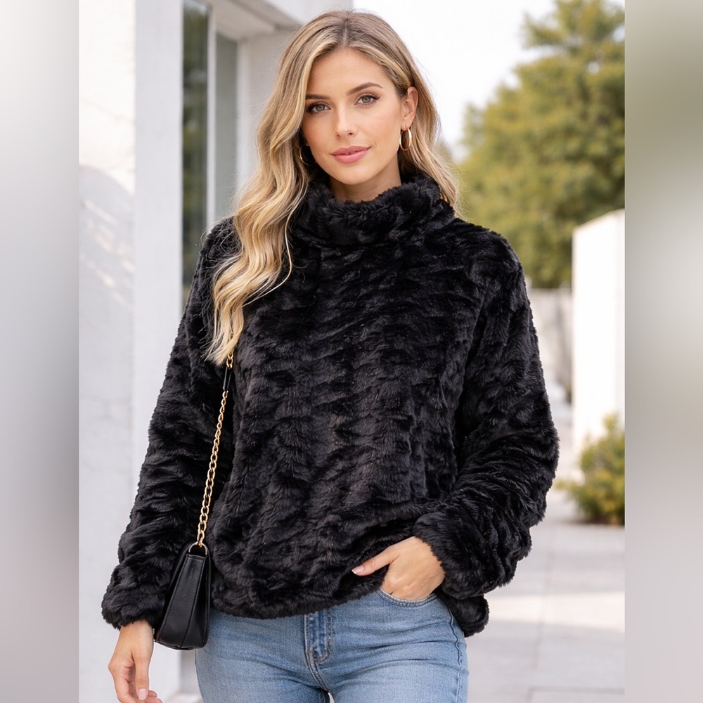 Ady P Black Faux Fur Pullover Sweater – Size L (NWT)